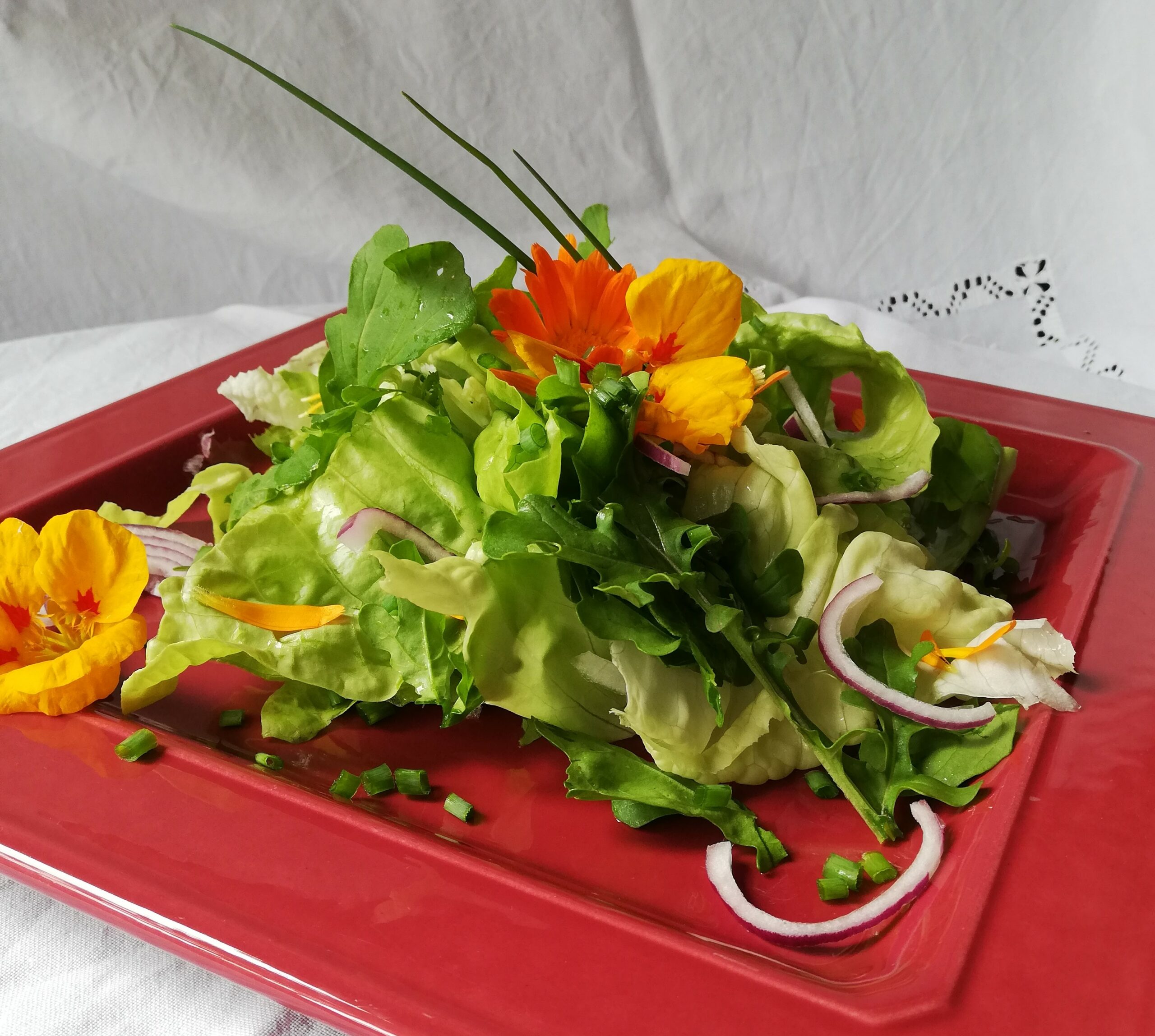 une salade printanière aux couleurs vives avec de fleurs multicolores